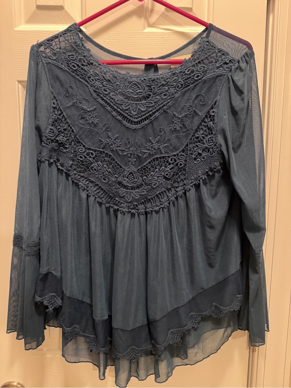 Altar'd State Dusty Blue Crochet Yoke Long Sleeve Blouse